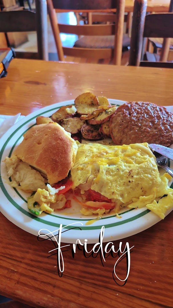 Hearty breakfast plates on a simple table.